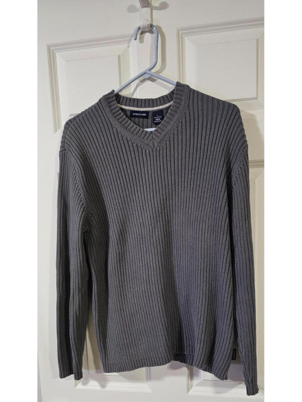 Vintage   Men's  Structure V Neck Grey Chunky  Knit  Sweater Long  Sleeve SZ L